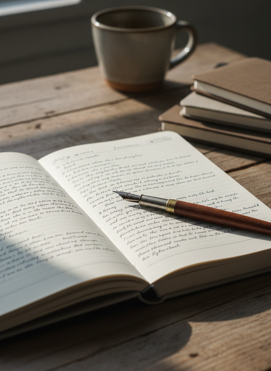 A slim, clothbound notebook in muted dove gray lies open on a weathered wooden desk, its creamy pages half-filled with neat, dark ink lines and small, careful margin notes. A fine metal fountain pen with a slightly worn grip rests diagonally across the page, a tiny ink blot beside its nib hinting at hesitation and revision. Soft morning light filters through an unseen window, casting gentle, elongated shadows and a warm glow on the paper’s subtle texture. In the blurred background, the edge of a ceramic mug and a stack of closed journals create depth. Photographic realism, shot at eye level with a shallow depth of field, evokes a quiet, introspective mood of personal life writing and reflective creativity.